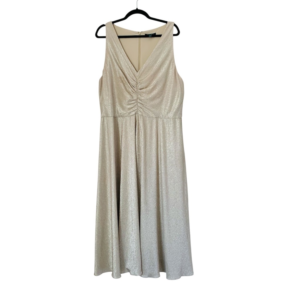Lauren Ralph Lauren Dress Women 18 Gold Metallic Ruched Plissé Formal Wedding